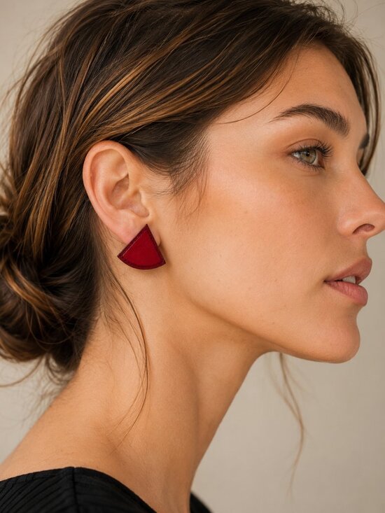 Hermes Jewelry - Hermès Red Calf Leather Triangle Clip-On Earrings 18K Gold-Plated Made in France